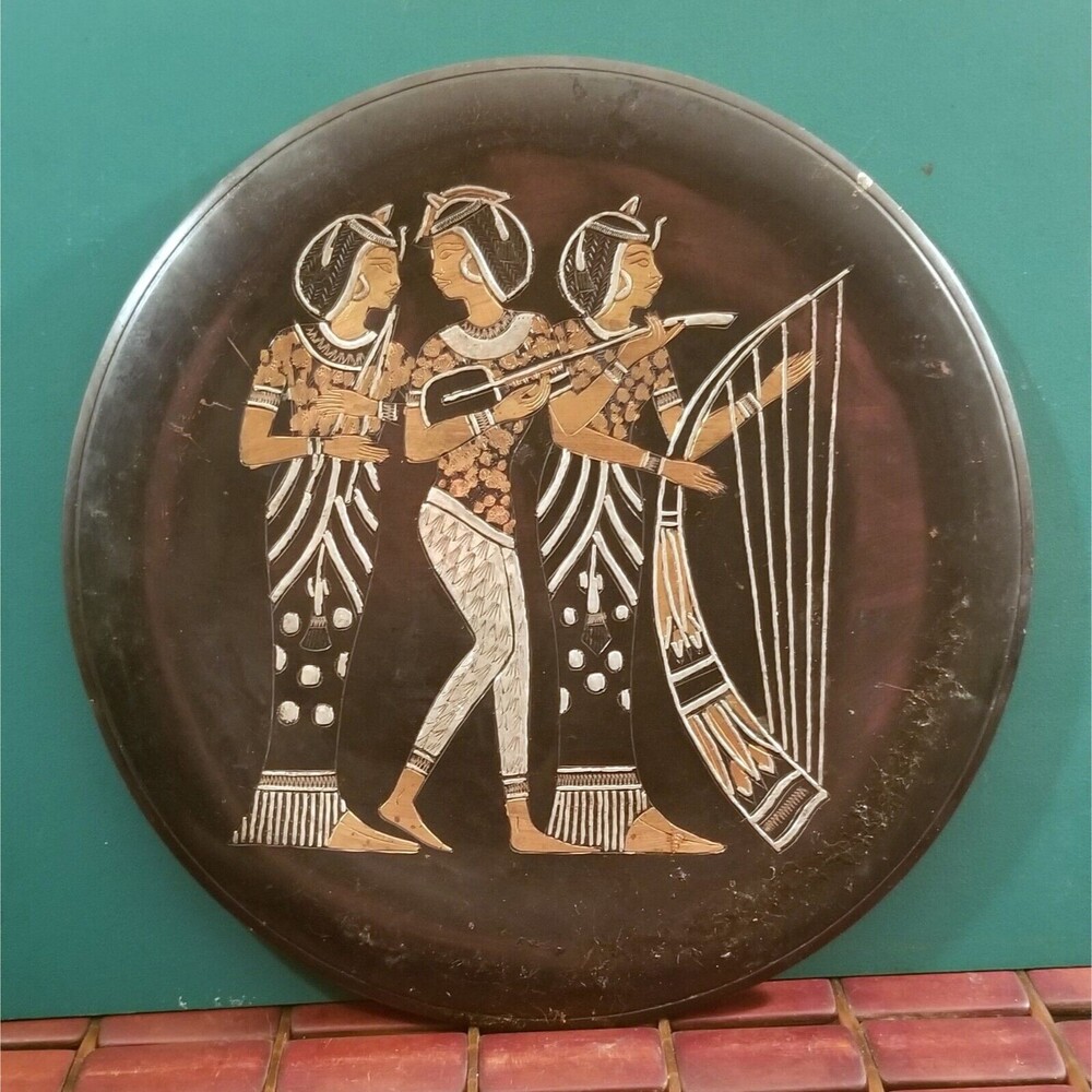 Egyptian Musicians Vintage Black Enamel & Bronze Wall Hanging Decorative Plate